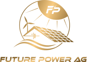 Goldenes Logo des Unternehmens Future Power AG welches Symbol Bilder für nachhaltige Energie beinhaltet