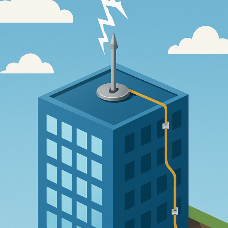 Isometrisch dargestellte Grafik welche ein Hochhaus mit einer Blitzschutz-Fangeinrichtung sowie Ableitung darstellt. Es schlägt gerade ein Blitz in die Fangeinrichtung ein.