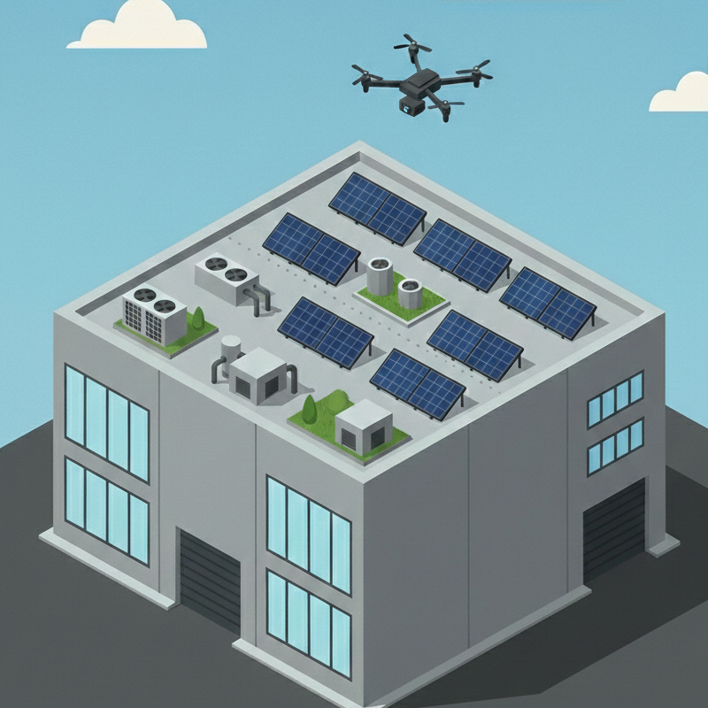 Isometrisch dargestellte Grafik welche ein Industrie-Gebäude mit einem Flachdach zeigt. Das Dach ist mit technischen Installationen ausgestattet und hat eine Dachbegrünung. Über dem Gebäude fliegt eine Inspektions-Drohne.