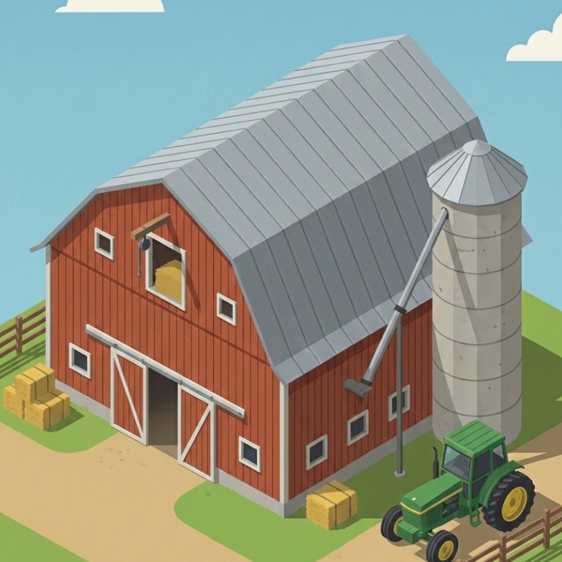 Isometrisch dargestellte Grafik welche ein landwirtschaftliches Gebäude mit einem Futtersilo und einem Traktor daneben zeigt. Das Dach des Gebäudes ist offensichtlich ein Blechdach.